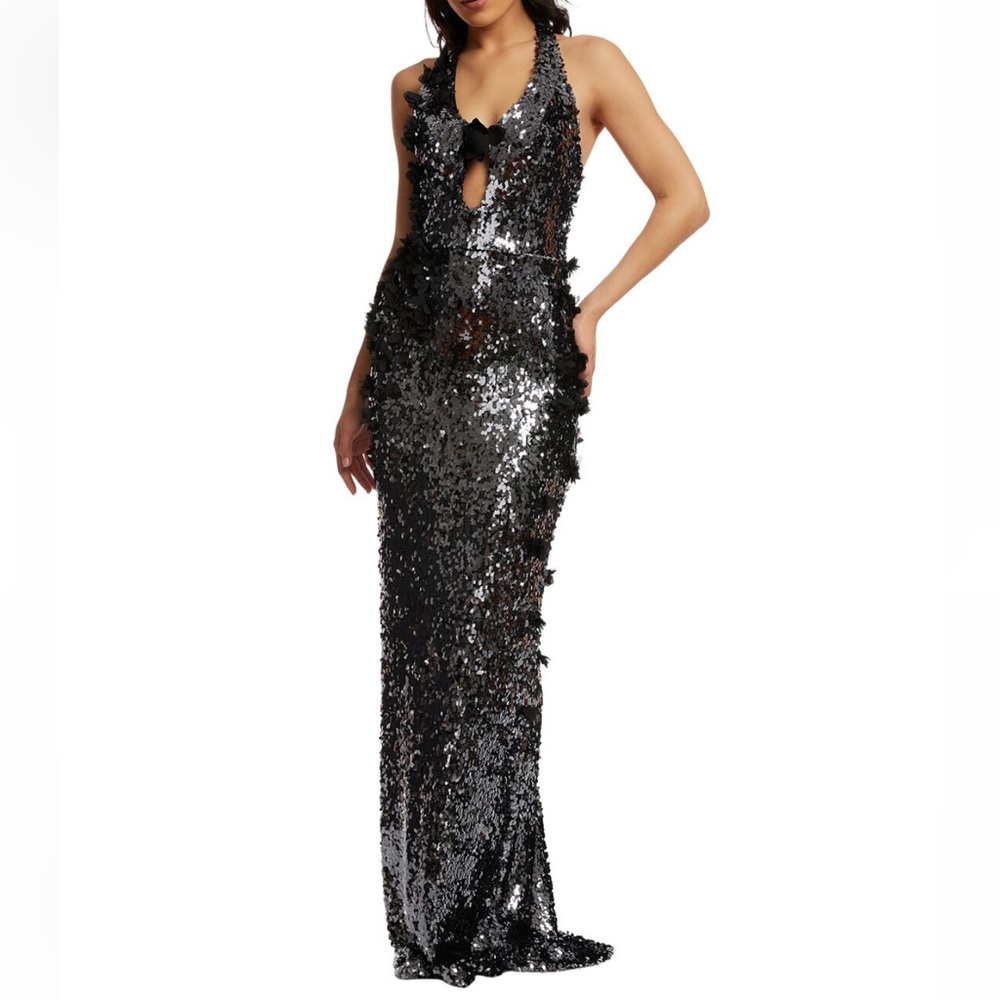 NWT | Dress the Population - “Priscilla” Sequin Halter Backless Gown, Gunmetal